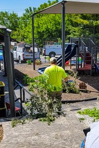 RBI clearing trees from an outdoor play area at Roberta Webb Childcare Center for United Way's Day of Action