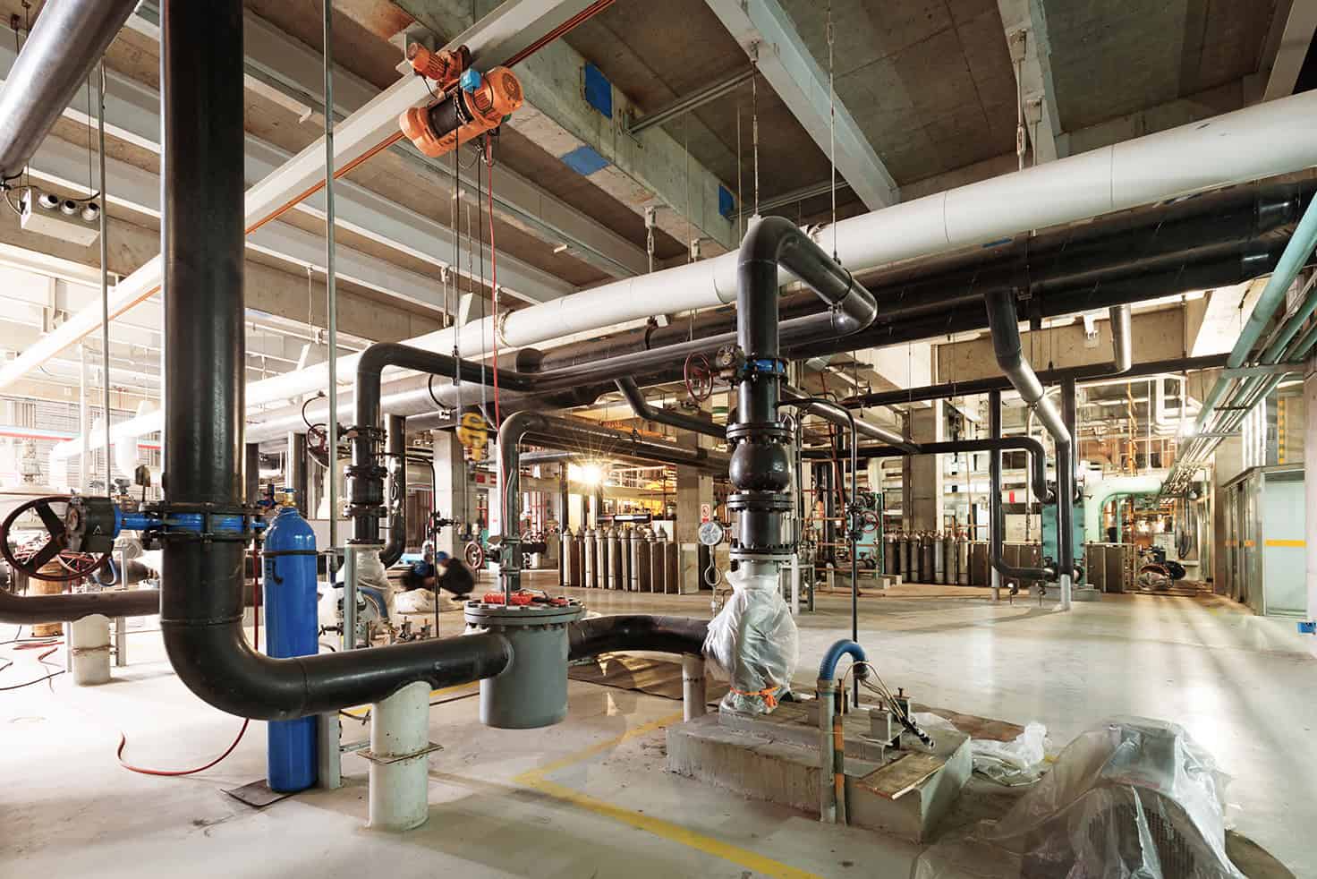 The plumbing system inside of a commercial facility.