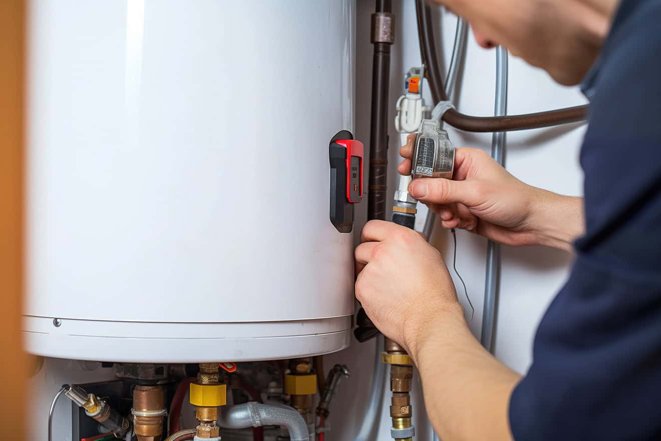 A plumbing technician servicing a commercial hot water heater