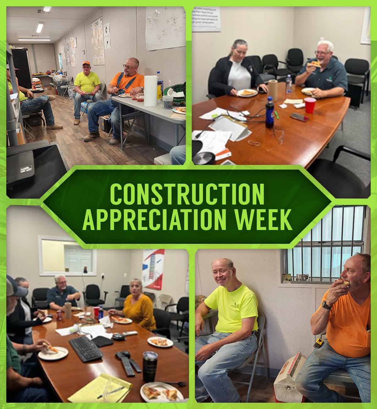 Construction Appreciation Week, showing four RBI teams enjoying a pizza lunch