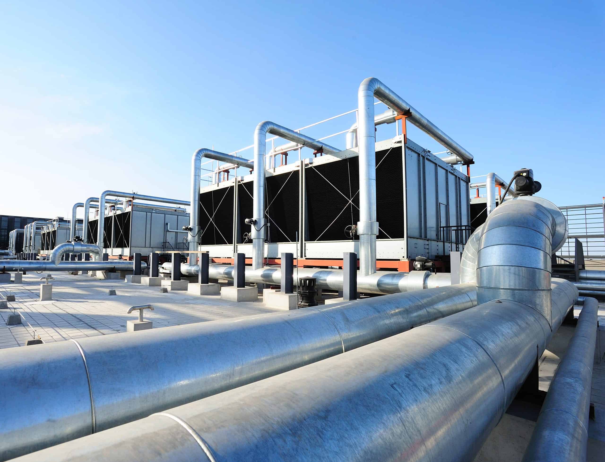 Sets of cooling towers on top of a building