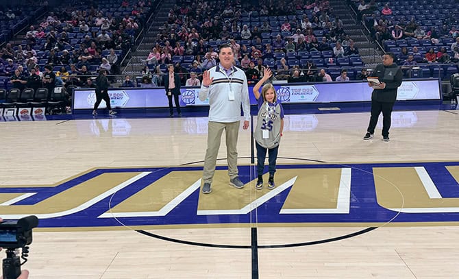 RBI 2026 Basketball Top dog Top dog winner and RBI President, Daniel Blosser, on JMU's basketball court